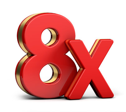 8X gold and red letter isolated on a white background. 3D illustration.