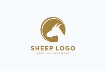 Sheep Goat Logo. Gold Circle Shape include Negative Space Sheep Head with Horns isolated on White Background. Flat Vector Logo Design Template Element