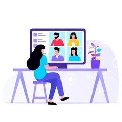 Video Conference group video chat illustration. group of colleagues taking part in video conference