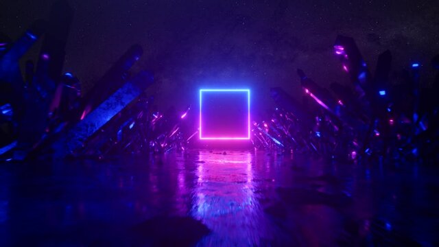 Flying in abstract space along crystals and rocks. Modern ultraviolet blue purple neon light spectrum. Mysterious cosmic landscape, virtual reality, outer space. Seamless loop 3d render
