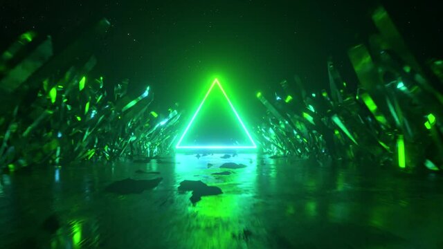 Flying in abstract space along crystals and rocks. Modern ultraviolet blue green neon light spectrum. Mysterious cosmic landscape, virtual reality, outer space. Seamless loop 3d render