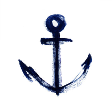 Navy blue brush strokes with hand-drawn ink. Abstract drawing by hand. Anchor dry texture brush. Sea theme. Grunge isolated illustration. Postcard, textile monochrome design element.