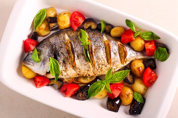 Dorado fish baked with vegetables