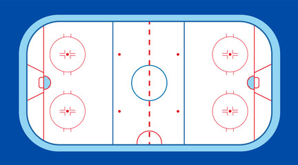 Ice hockey field with puck and stick on isolated blue background. Winter sport on ice. Stadium with markings and ice skating. Vector stock graphics. For website and application design.