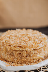 
homemade layer cake with crumb on textured background