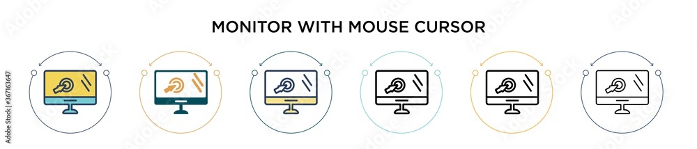 Aufkleber monitor with mouse cursor icon in filled, thin line, outline and stroke style. vector illustration o