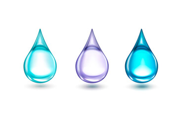 Set of blue water drops isolated on white background. Illustration element vector, symbol of life and purity.
