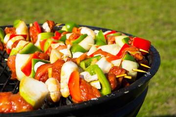 Food preparation. Grilled mixed meat with vegetables on barbecue grill.