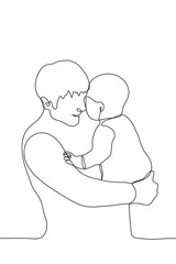 young man holds a small child (baby) with tenderness and love. One continuous line art father holding son or daughter head bowed to child's head. can be used for animation