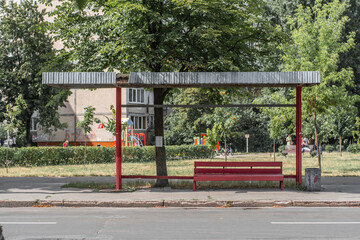 Old abandoned empty bus stop on the street of Eastern Europe.