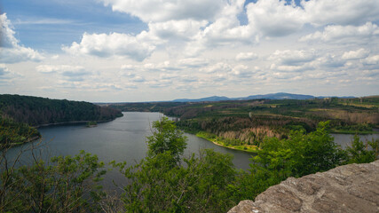 reservoire Rappode Dam in Harz Mountains, Germany. Brocken view