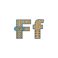 Vector abstract letter F with ornamental pattern. Cartoon signs