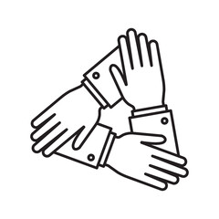 Collaboration, three human hands covering each other. Vector