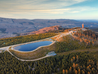 Aerial landscape panorama of Mount Wurmberg near Braunlage in the Harz mountains, Lower Saxony,...