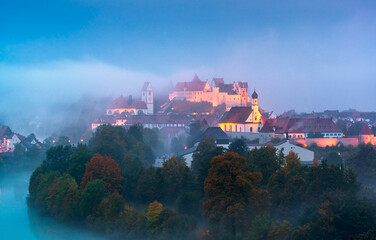 Misty night in Fussen, Germany.