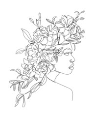 Portrait of young beautiful woman with flowers on head.  Line drawing. - Vector illustration.