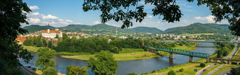 Decin. Czech Republic. Panoramic view of the old town, Elbe river (Labe) and Tetschen Castle.