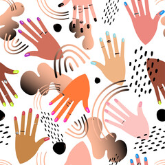 Seamless pattern with hands showing manicure and nail care abstract spots. Vector illustration.