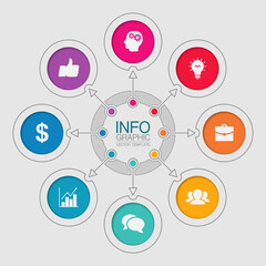 Vector infographic template, circle with 8 steps or options. Data presentation, business concept design for web, brochure, diagram.