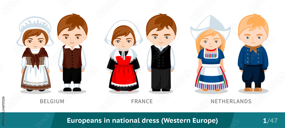 Wall mural Belgium, France, Netherlands. Men and women in national dress. Set of european people wearing ethnic traditional costume. Isolated cartoon characters. Western Europe. Vector flat illustration.