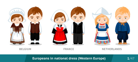 Belgium, France, Netherlands. Men and women in national dress. Set of european people wearing ethnic traditional costume. Isolated cartoon characters. Western Europe. Vector flat illustration.