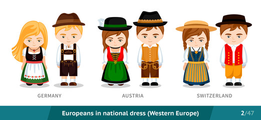 Germany, Austria, Switzerland. Set of european people wearing ethnic traditional costume. Men and women in national dress. Isolated cartoon characters. Western Europe. Vector flat illustration. - obrazy, fototapety, plakaty