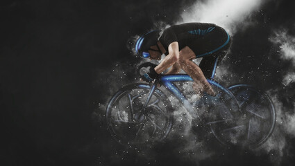 Man racing cyclist in motion on smoke background. Sports banner