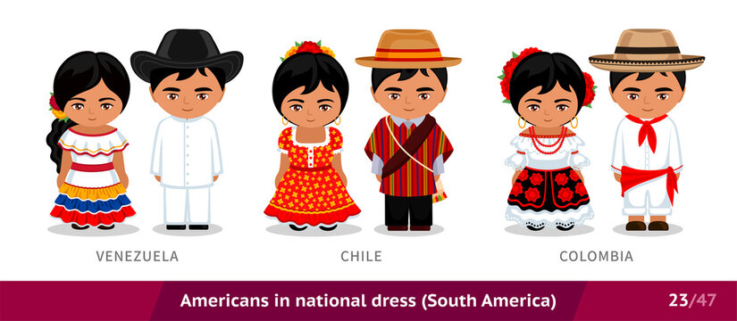 Venezuela, Chile, Colombia. Men and women in national dress. Set of latin americans wearing ethnic clothing. Cartoon characters in traditional costume. South America. Vector flat illustration.
