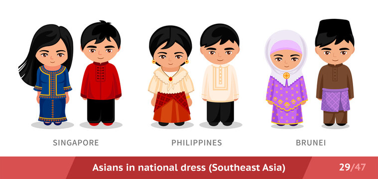 Singapore, Philippines, Brunei. Men and women in national dress. Set of asian people wearing ethnic traditional costume. Isolated cartoon characters. Southeast Asia. Vector flat illustration.