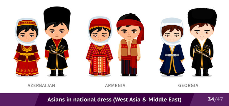 Azerbaijan, Armenia, Georgia. Men and women in national dress. Set of asian people wearing ethnic traditional costume. Isolated cartoon characters. Southeast Asia. Vector flat illustration.