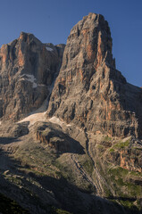 Cima Tosa mountain  with Crozzon di Brenta pillar as seen from the trail to Rifugio Brentei in Brenta Dolomites, Dolomites, Southern Limestone Alps, Trentino, Alto Adige, Trento, Italy.