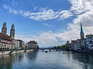 Beautiful view of the historic city center of Zurich from river Limmat, Zurich, Switzerland