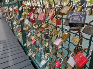 Muhlesteg bridge, Love lock bridge over river Limmat, Zurich, Switzerland