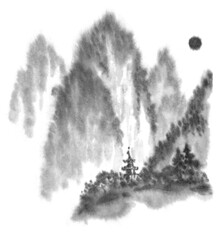 Background with mountains. Ink mountain. Black and white image. Ink Chinese mountain landscape. Mountains in the fog. Trees on the mountain. Ink image. Pines. Hill,  peak 
