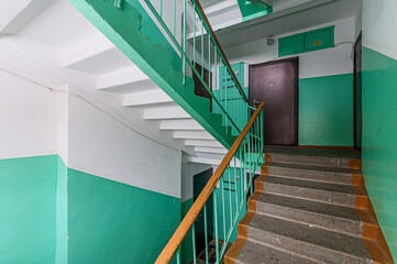 Russia, Moscow- February 10, 2020: interior room public place, house entrance. doors, walls, staircase corridors