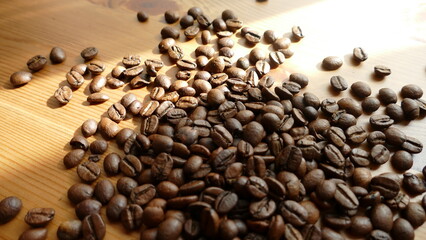 coffee beans on the table in the sunlight 