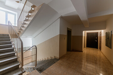 Russia, Moscow- February 10, 2020: interior room public place, house entrance. doors, walls, staircase corridors