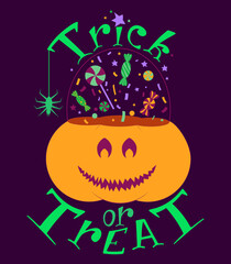 Pumpkin trick or treat bucket sticker. Jack o lantern pot for sweets, candies. Hand drawn graphic element for print design. 