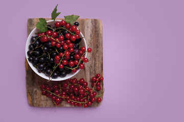 Berries of red currant and black currant on a colored background from above