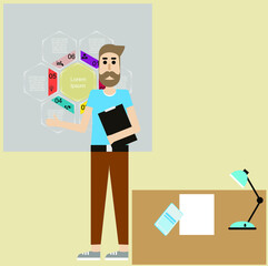 The picture shows a man in the office. Office worker, office work, project presentation.