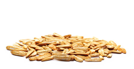 White sunflower seeds, roasted and salt with spices isolated on white background