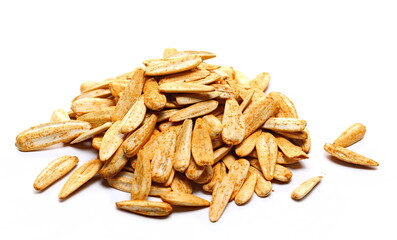 White sunflower seeds, roasted and salt with spices isolated on white background