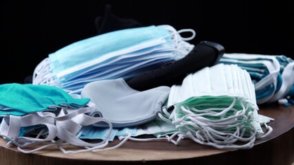 Dust pollution and surgical protective reusable face masks. Shopping and face mask for entry...