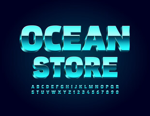 Vector business sign Ocean Store. Metallic 3D Font. Glossy trendy Alphabet Letters and Numbers