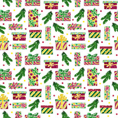 New year seamless pattern with watercolor festive elements, illustration of gifts, balls, pine branches and snow