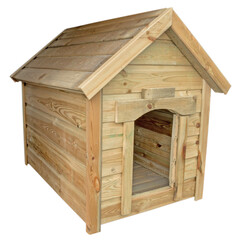 A doghouse with a gable roof, made of yellow laid horizontally wooden planks inserted into each other and fastened with screws. The object is isolated on a white background.