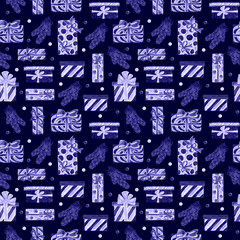 New year seamless pattern with watercolor festive elements, illustration of gifts, balls, pine branches and snow