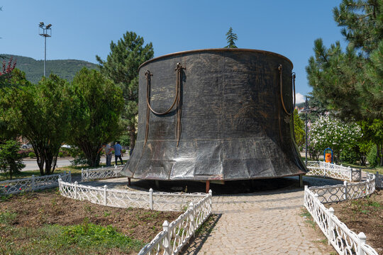 Aksehir, Konya/Turkey- July 18 2020: A big cauldron in Gulmece Park which symbolize  one of his joke.