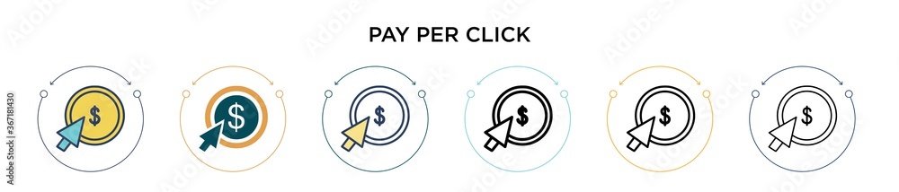 Poster pay per click icon in filled, thin line, outline and stroke style. vector illustration of two colore