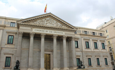 Fototapeta na wymiar The exterior facade of the main entrance to the Congreso De Los Diputados, or Congress of Deputies.